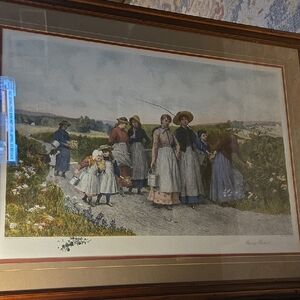 Framed Vintage Art Print with Women and Children "Berry Pickers"